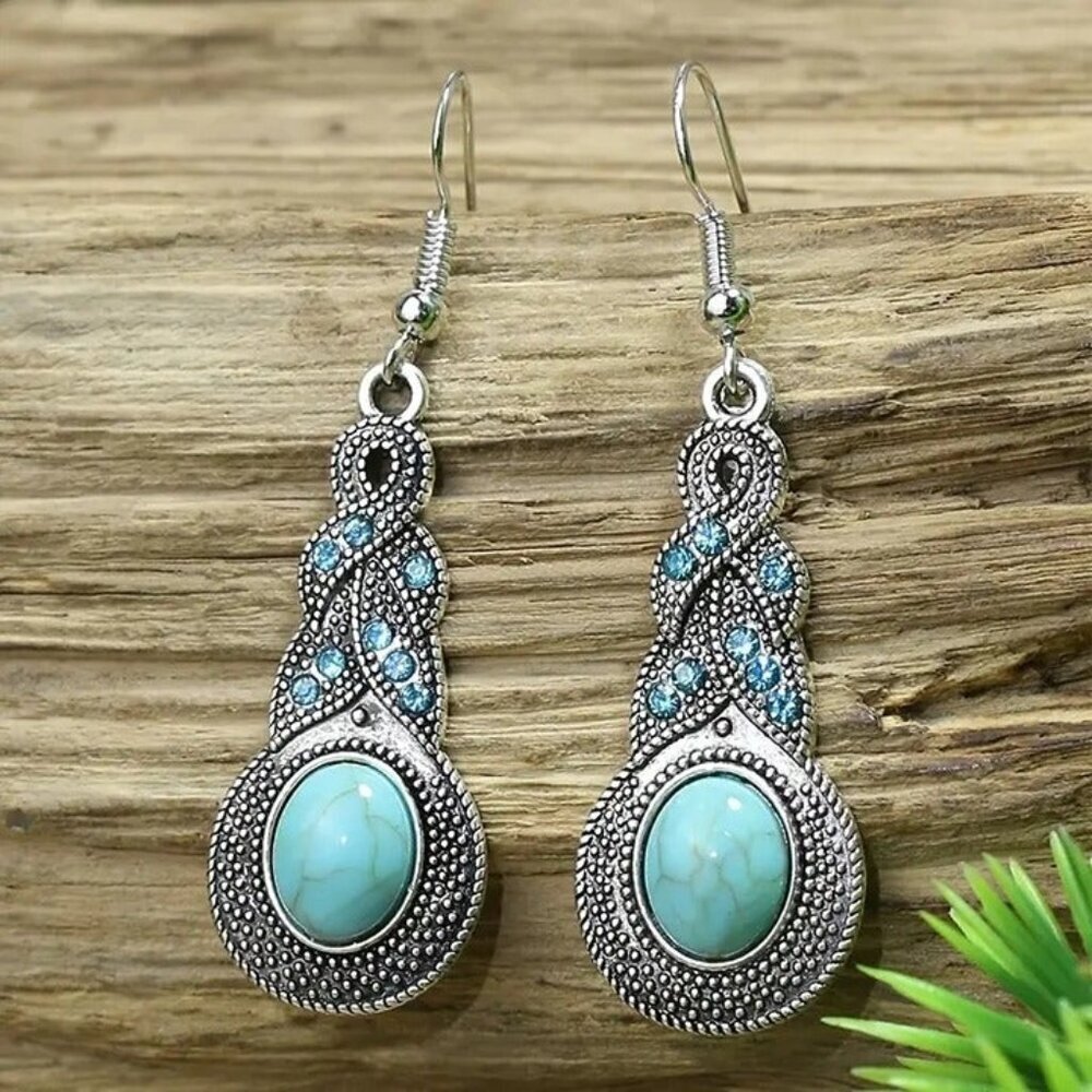 Turquoise Stone and Crystal Silver Twisted Braid Dangle Earrings